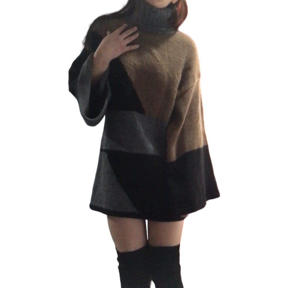 Zara | Wool turtleneck knit sweater dress flare sleeve mini dress •